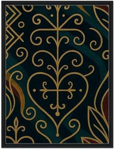 Haitian-Inspired Sacred Geometry Wall Art | Afro-Caribbean Veve-Style Gold Symbol on Deep Teal | Spiritual Luxury Home Decor Size 60x80 cm / 24x32″ Frame Black frame