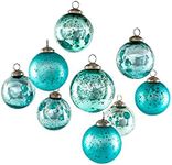 Serene Spaces Living Set of 9 Assorted Teal Glass Ball Ornaments for Christmas Tree, Holiday Decorations, Winter Wedding, Table Centerpiece, Window Box, Measures 3" Diameter