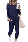 PRETTYGARDEN Women's 2024 Fall Two Piece Outfit Long Sleeve Crewneck Pullover Tops And Long Pants Tracksuit (Navy,Large)