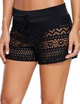 Bsubseach Women Black Hollow Out Lace Overlay Swim Shorts Bottom Bathing Suis Swim Brief Boardshorts