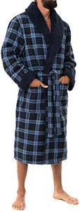 John Christian Men's Bonded Fleece Robe, Blue Check, Navy / Blue, Medium