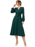 Vivvli Women's Polyester A-line V-Neck Bishop Sleeve Midi Belted Dress (Green, Large)