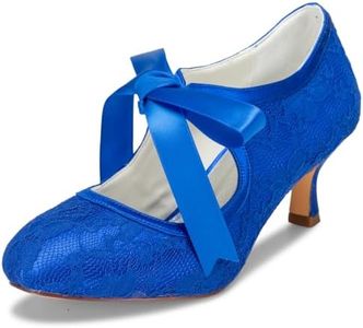 JIAJIA 140311 Women's Bridal Shoes Closed Toe Stiletto Heel Lace Satin Pumps Ribbon Tie Wedding Shoes Color Blue,Size 5 B(M) US/35 EU