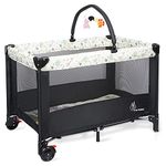 R for Rabbit Hide & Seek Elite Baby Cot Playpen Playard, Travel Friendly Bassinet Convertible Compact Fold & Easy Storage Crib with Hanging Toy for Kids 0-3 Years (Black)