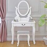 PALDIN White Dressing Table With Stool, Makeup Desk Vanity Table Set 3 Drawers Adjustable Oval Mirror Bedroom Furniture