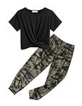 Arshiner Girls Casual Twist Front Black Tops and Camouflage Pants Outfit Sets 6 to 7 Years