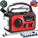 16000mAh Hand Crank Emergency Weather Radio with Wireless Speaker, 59200mWh NOAA AM FM Solar Radio with Flashlight Cell Phone Charger Reading Lamp Compass SOS for Camping and Survival (Red)