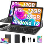 Newest Tablet 10 Inch Android 13 Quad Core 2.0GHZ 12GB RAM + 128GB ROM (1TB TF) | 5G + 2.4G WiFi | FHD | Bluetooth 5.0 | GPS | 8MP + 5MP | Type C, Touch Tablet with Case, Keyboard and Mouse - Grey
