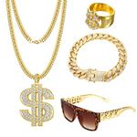 UESA 4 PCS Dollar Sign Pendant Necklace Ring Set,Metal Chain Necklace Bracelet Sunglasses,80s/90s Hip Hop Costume Kit Hip Hop Rapper Costume Jewelry Punk Style for Men Women