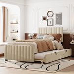 Twin Size Velvet Upholstered Platform Bed with Twin Trundle, No Box Spring Needed, Space Saving Bed Frame with Wood Slat Support, 300lb Capacity, Modern Bedroom Furniture (Beige, Twin Size)