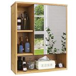 SMIBUY Bathroom Cabinet with Mirror Wall Mounted, Bamboo Over-The-Toilet Storage Organizer, Space Saver Medicine Cabinet with 2 Door and Adjustable Shelves (Natural)