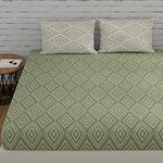 Huesland by Ahmedabad Cotton 144 TC Cotton Bed Sheet for Double Set Bed with 2 Pillow Covers - Sage Green & White