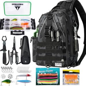 Ghosthorn Fishing Backpack with Tackle Boxes, Fish Pliers, Fish Lip Gripper, Lures, Waterproof Tackle Bag with Rod Holder, Fishing Gear Sling Bag Gift For Men Women Anglers (Black)
