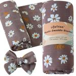 LifeTree Baby Muslin Swaddle Blankets for Boys & Girls, Newborn Swaddle Set with Matching Headband Bow, Neutral Infant Receiving Blanket Swaddle Wrap, 47 x 47 inches, Mauve Daisy