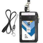 Wisdompro Badge Holder with Lanyard, 2-Sided PU Leather ID Card Holder with Neck Strap, 1 ID Window, 4 Card Slots, 1 Side Zipper Pocket for School, Office, Bus Pass- Black (Vertical)