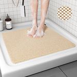 Zokbom Square Shower Mat, Non-Slip Loofah Bath Mat with Drain Quick Drying, Textured Surface Bathroom Mats, 21" x 21" (Beige)