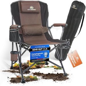 Naturkönig® Campingstuhl Faltbar Braun Stabil bis 160 kg [Ergonomisch Große Sitzfläche] mit Kissen Tasche Getränkehalter Klappbar | Angelstuhl Faltstuhl Klappstuhl Camping Stuhl Strandstuhl - Angeln