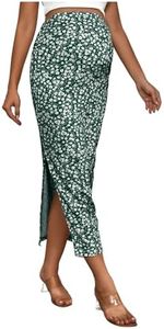 MakeMeChic Women's Maternity Skirt Over The Belly High Waisted Boho Floral Side Split Midi Skirts Multicolor Medium
