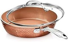 Gotham Steel 12” Nonstick Fry Pan with Lid – Hammered Copper Collection, Premium Aluminum Cookware with Stainless Steel Handles, Induction Plate for Even Heating, Dishwasher & Oven Safe, 12", Copper