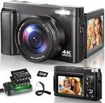 4K Digital Camera for Photography, 48MP Autofocus Vlogging Camera for YouTube with 3'' 180°Flip Screen, 16X Digital Zoom Anti-Shake Compact Travel Camera with SD Card, 2 Batteries & Charging Stand