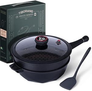 TIBORANG 8 in 1 Multipurpose 11 Inch 5 Quart Heat Indicator Nonstick Deep Frying Pan with Glass Lid, Stay-cool Handle, Steamed Grid, PFOA-Free,Dishwasher&Oven Safe,Works with All Stovetops (Black)