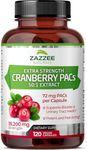 Zazzee Extra Strength Cranberry PACs, 72 mg PACs per Capsule, 100% Soluble, 120 Vegan Capsules, 50:1 Extract, 18,200 mg Strength, Effective Urinary Tract UTI Support for Women, Proanthocyanidins