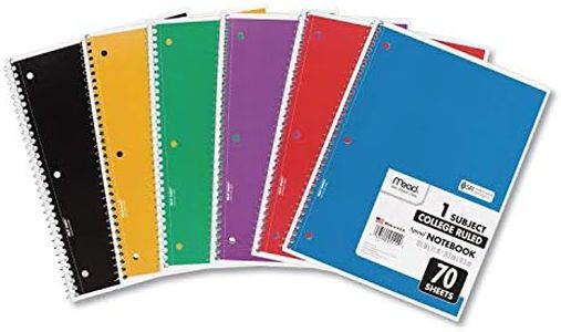 Mead Spiral Notebooks, 6 Pack, 1 Subject, College Ruled Paper, 7-1/2" x 10-1/2", 70 Sheets per Notebook, Color Will Vary (73065)