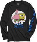 Mens Spongebob Squarepants Shirt - Spongebob, Patrick & Krusty Krab Long Sleeve Tee, Black Kanji, Large