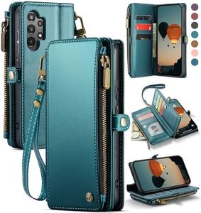 Defencase Compatible with Galaxy A32 5G Case Wallet with RFID Blocking Card Holder for Women Men, PU Leather Magnetic Snap Flip Zipper Strap Wallet Phone Case Fit for Samsung Galaxy A32 5G, Blue Green