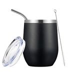 COMOOO Stainless Steel Wine Tumbler with Lid and Straw, 12oz Double Wall Vacuum Insulated Wine Tumbler Cup, Stemless Wine Glass for Coffee, Wine, Cocktails, Champagne, Black