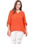 sourcing map Women's Plus Size Tops Split Neck High Low Hem 3/4 Sleeves Blouse Womens Day Orange 3XL