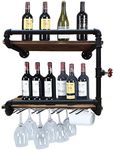 Industrial Wall Mounted Wine Racks with 4 Stem Glass Holder,24in Rustic Metal Hanging Wine Holder Glass Rack,2-Tiers Floating Bar Shelves Bottle Holder Storage Shelves,Wood Shelves Wall Shelf