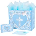 JWSCYSY 12.6" Large Blue Gift Bag with Metallic Silver Star Cross Design, Card and Tissue Paper for Baby Boy Baptisms, Christenings, First Communions Religious