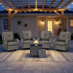 Opohoro Wicker Patio Furniture Set- 4 Pieces Outdoor Swivel Rocker Chairs with 50,000 BTU Fire Pit Table,PE Rattan Outdoor Conversation Set for Garden Porch Deck
