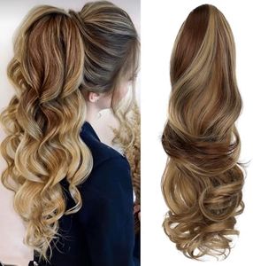 FELENDY Ponytail Extension Claw 18" Light Brown Mix Dark Blonde Curly Wavy Clip in Hairpiece One Piece A Jaw Long Pony Tails for Women