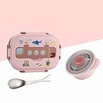 Stainless Steel Bento Lunch Box, Lunch Box, 3-in-1 Compartment, Sealed Leak Proof Lunch Box, Cute Cartoon Food Box 2Lid for Kids Adults (Pink)