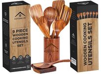 Wooden Teak Cooking Utensils, Set of 9. Kitchen Utensils Set with Holder & Spoon, Spatula and Cleaning Cloth