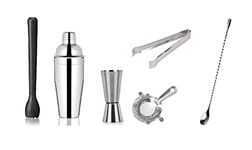 Dynore Stainless Steel 6 Pcs Bartender Martini Kit Set - Teardrop Bar Spoon, Cocktail Shaker 500 ml, Tall peg Measure 30/60 ml, Black PVC Muddler, Ice Tong, Cocktail Strainer- Set of 6