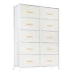 LLappuil Cream White Dresser for Bedroom 10 Drawers, Faux Leather Fabric Drawer Dresser Chest with Luxury Gold Handles, Wooden Top, Sturdy Frame for Closet Hallway Entryway, PU Finish