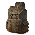 BRASS TACKS Leathercraft Men's Heavy Duty Canvas Genuine Leather Buckle Cargo Pocket Utility Cinched Backpack (Dark Brown)