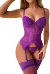 OYOANGLE Women's 4 Piece Floral Lace Spaghetti Strap Underwire Garter Lingerie Set with Stocking Purple Small