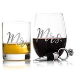 LIVIVO Set of 2 His and Hers Whisky and Wine Glass Set – Fun Novelty Drink Glasses – Full Colour Box for Valentine Gifting, Perfect Whiskey and Wine Pair with Bonus Stopper