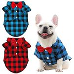 2 Pack Classic Plaid Dog Shirt, Puppy Shirt Cute Boy Dog Clothes and Bow Tie Combo Tee Tank Top Pets Outfits for Small Dogs Cats Birthday Party and Holiday Photos (Small, Red & Blue)