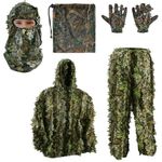 PELLOR 5PCS Ghillie Suit, 3D Leaf Camouflage Uniform Gilly Suit, Mask, Gloves, Storage Bag Set, Suitable for Outdoor Hunting, Wildlife Photography, CS Game for Teenagers, Kid