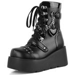 CELNEPHO Platform Ankle Boots for Women Wedge High Heel Booties Goth Round Toe Combat Boots Women Cute Heart Lace Up Rave Boots Outdoor Dress Boots with Chain, Allblack, 8