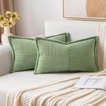 2 Packs Throw Pillow Covers Corduroy, 12x20 Inch Decorative Lumbar Pillow Covers, JOMWEN Super Soft Boho Striped Cushion Covers for Couch Bed Sofa Livingroom 30x50cm (Sage Green, 12x20 Inches)