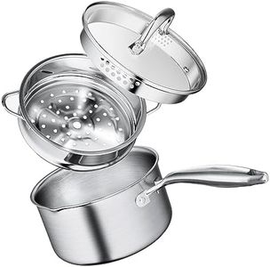 Leetaltree 1.5 Quart Stainless Steel Saucepan with Steamer Basket, Tri-ply Construction, Versatile Sauce Pan with Double-sized Drainage Lid - Perfect for Cooking Gravies. Pasta, Vegetable and More