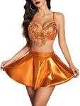 Avidlove Rave Outfits for Women Sequin Fringe Outfits Cosplay Lingerie 3pack Costume Set with Metallic Skirt Orange XXL