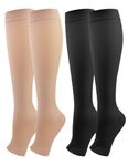 2 Pairs Medical Compression Socks for Women & Men 20-30 mmHg, class 2, Open Toe Best Graduated Support Fit for Travel Flight Running Varicose Veins Pregnancy Nurses (Black+Beige, XL)