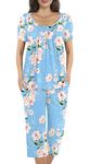 POPYOUNG Womens Summer Casual 2 Piece Pajama Sets with Comfy Capri Pants and Pockets Lounge Sleepwear, Floral Blue, XX-Large